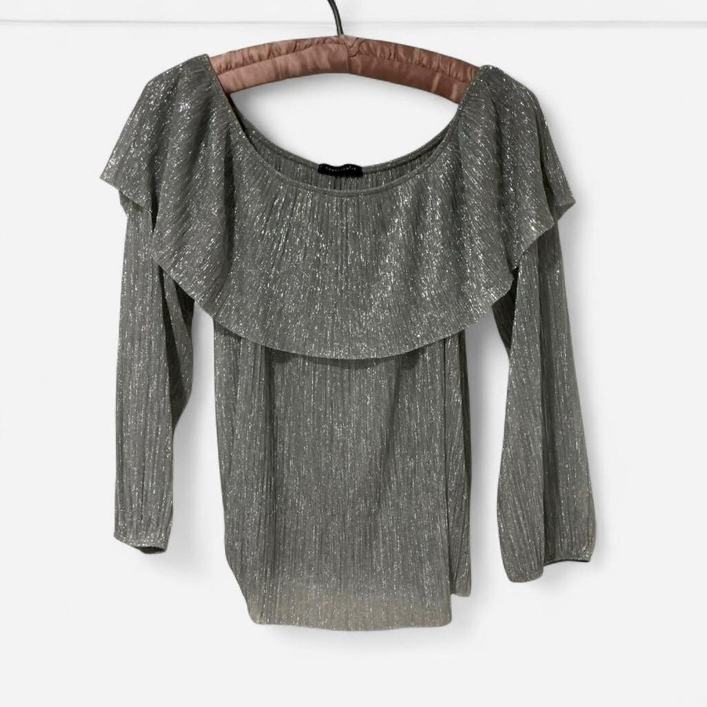 Sweet Claire Glittery Silver Off The Shoulder Flowy Top Small